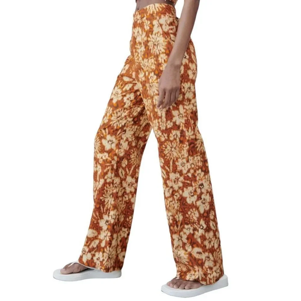 Zara Linen Blend Floral Wide Leg High Rise‎ Pants Boho Summer Festival Womens XS
